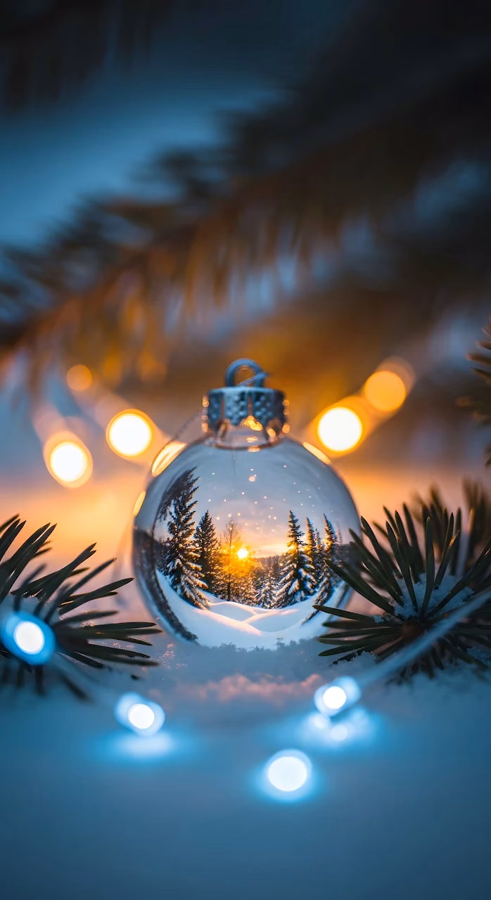 Winter Sunset Reflection Glass Christmas Ornament Bokeh - Free Mobile AMOLED Wallpaper Background