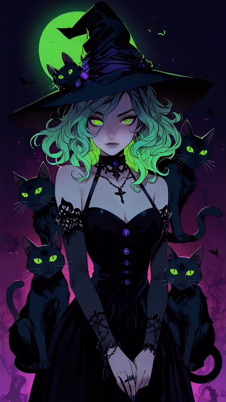 Download Witch with Green Hair and Black Cats Under Moon Wallpaper in Mobile HD Witch with Green Hair and Black Cats Under Moon - Free Mobile AMOLED Wallpaper Background