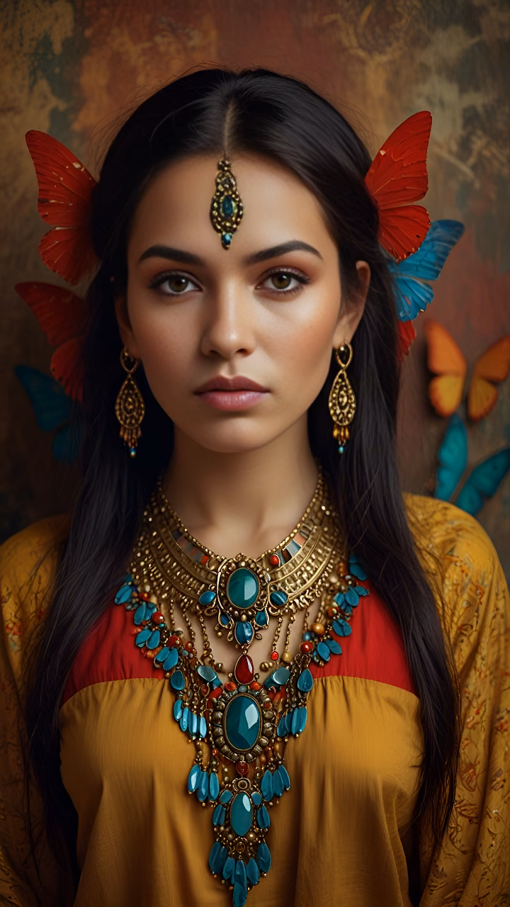 Woman Adorned with Turquoise Jewelry and Colorful Butterflies - Free Mobile AMOLED Wallpaper Background