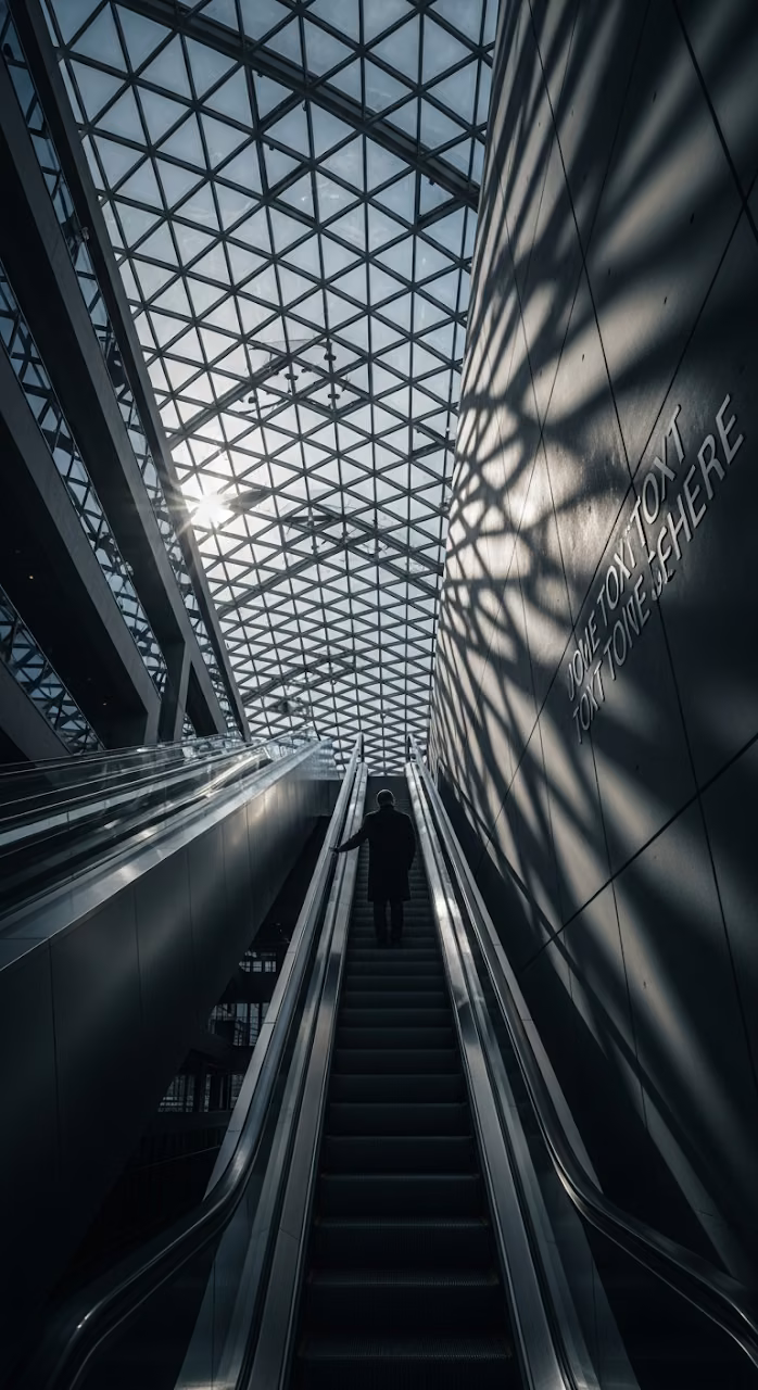 Download Woman Ascending Escalator in Modern Glass and Steel Atrium with Sunlit Structure Wallpaper in Mobile HD Woman Ascending Escalator in Modern Glass and Steel Atrium with Sunlit Structure - Free Mobile AMOLED Wallpaper Background