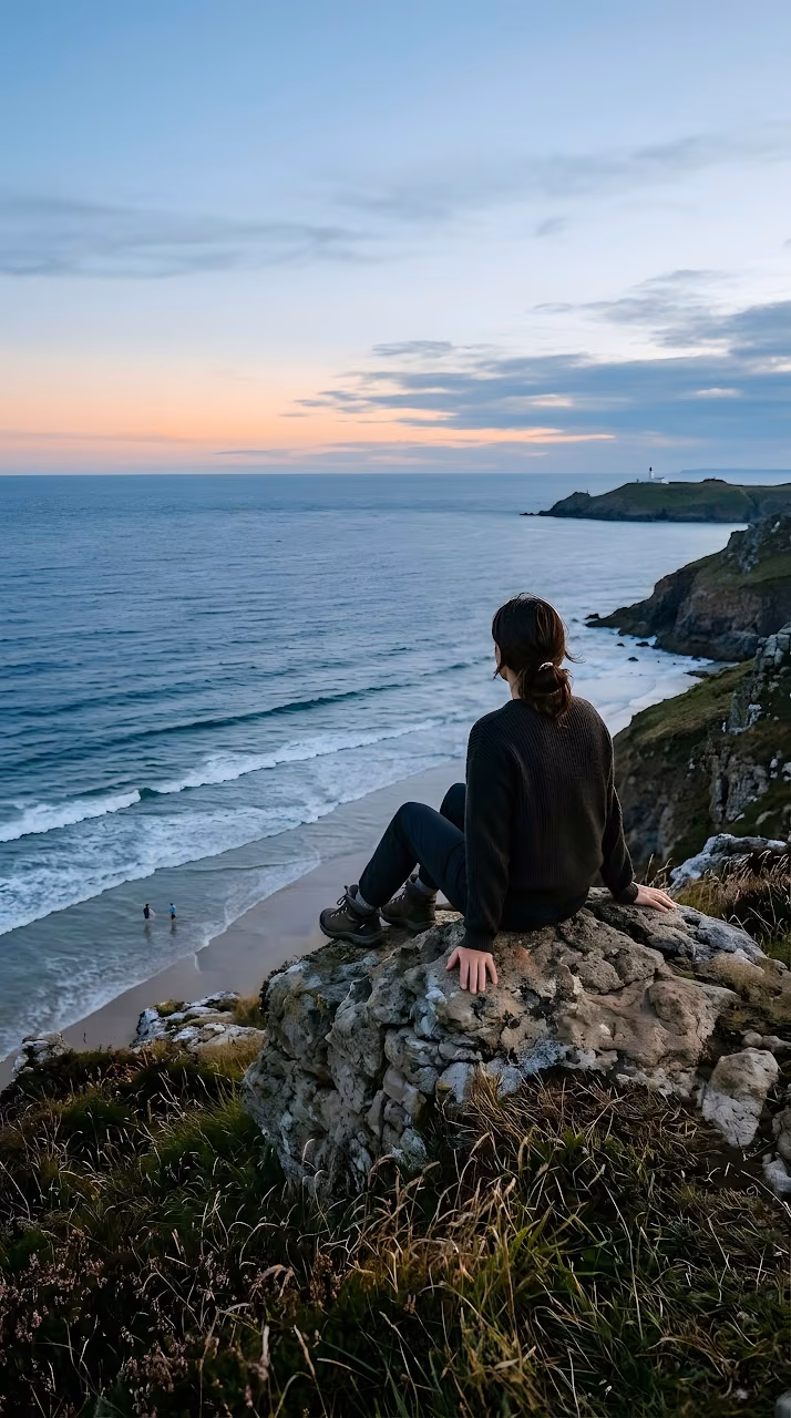 Download Woman Enjoying Coastal Sunset from a Cliff Wallpaper in Mobile HD Woman Enjoying Coastal Sunset from a Cliff - Free Mobile AMOLED Wallpaper Background