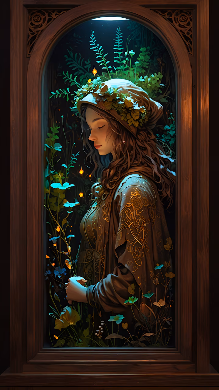 Woman in Floral Crown Gazing at Glowing Forest Through Window - Free Mobile AMOLED Wallpaper Background