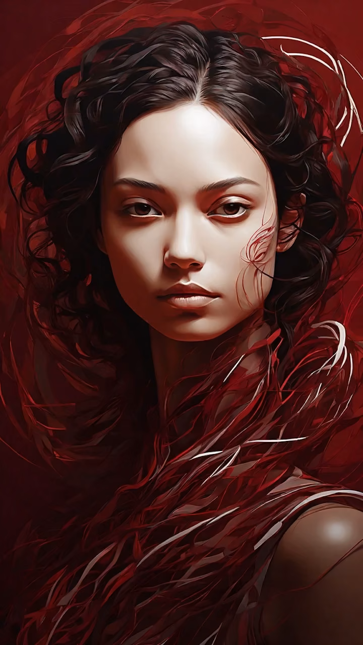 Woman with Flowing Red Hair Against Crimson Background - Free Mobile AMOLED Wallpaper Background
