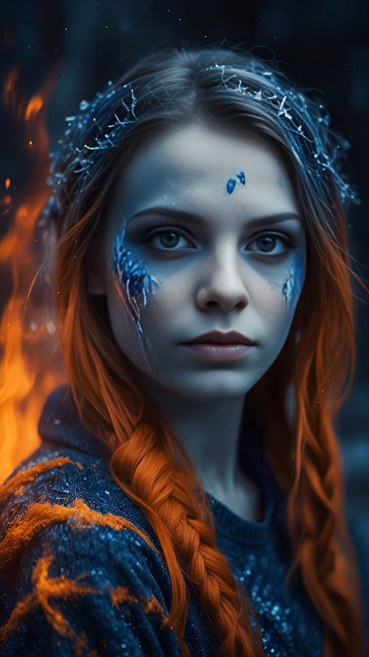 Woman with Icy Blue Markings and Fiery Red Hair - Free Mobile AMOLED Wallpaper Background