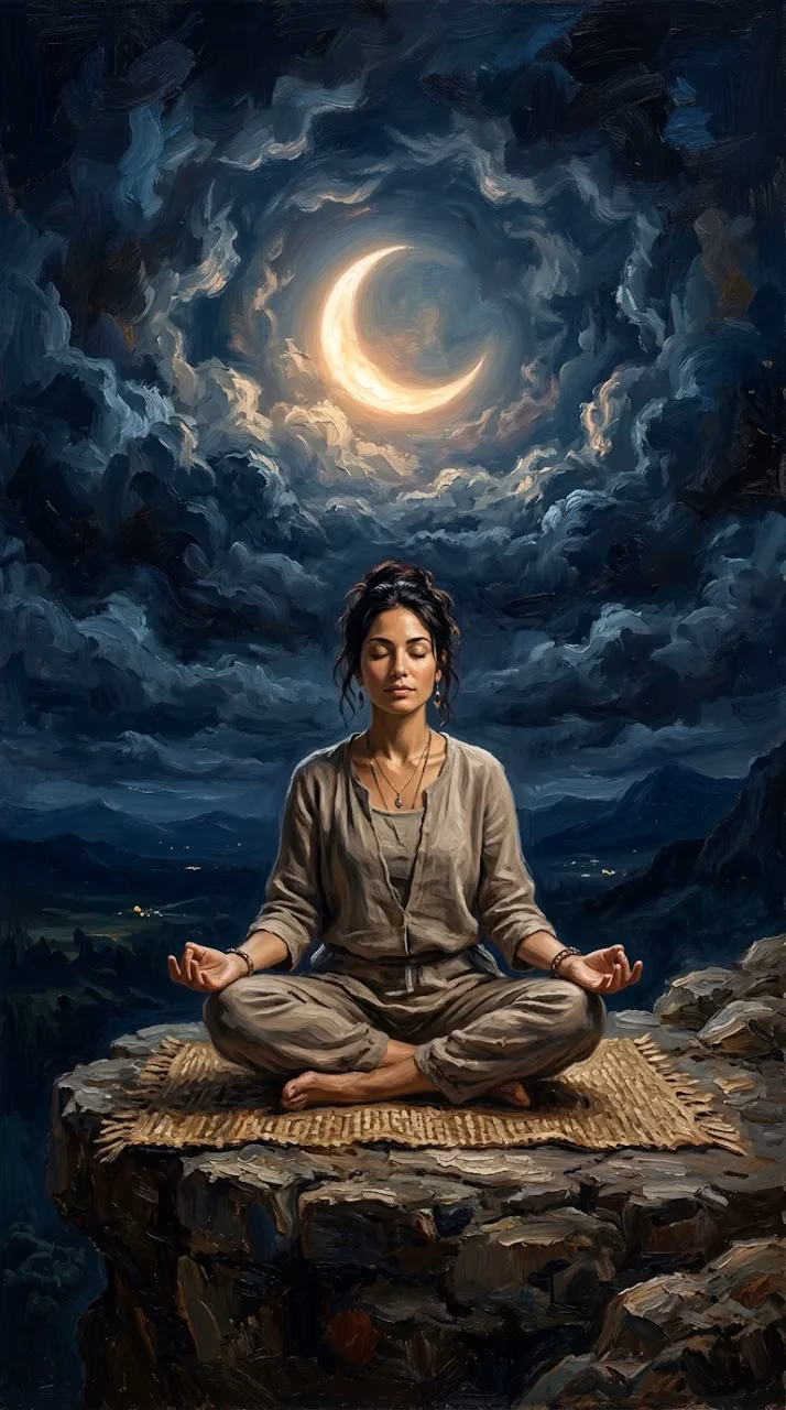 Woman Meditating on Glowing Crescent Moon in Starry Sky - Free Mobile AMOLED Wallpaper Background