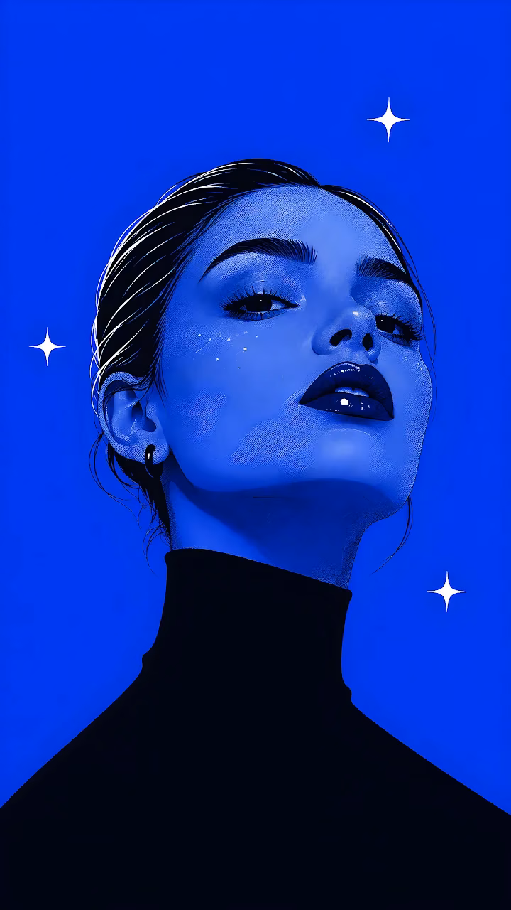 Download Cobalt Blue Woman Portrait Illustration 4K Wallpaper in Mobile HD Monochrome cobalt blue illustration of a woman in a black turtleneck looking upward with white stars.