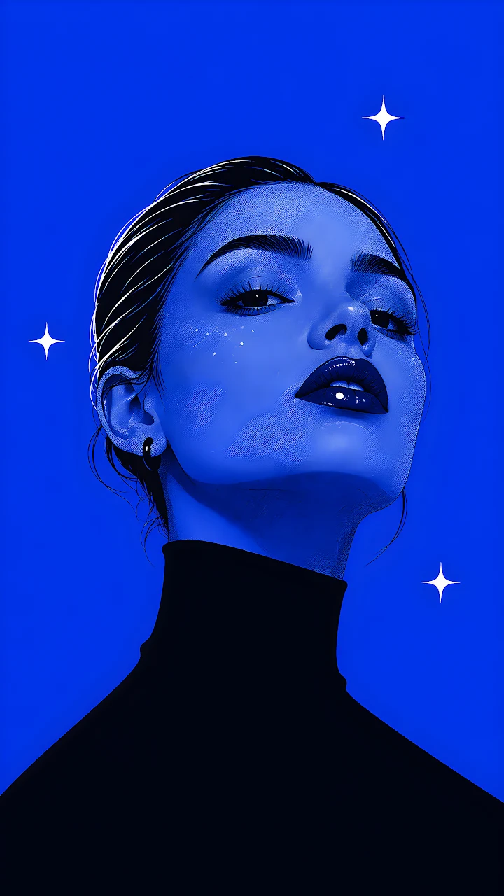 Monochrome cobalt blue illustration of a woman in a black turtleneck looking upward with white stars.