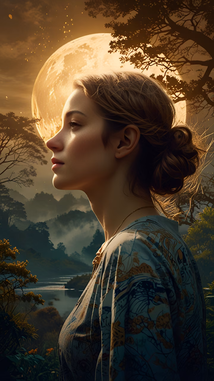 Woman in Profile Against Giant Golden Moon in Misty Forest - Free Mobile AMOLED Wallpaper Background