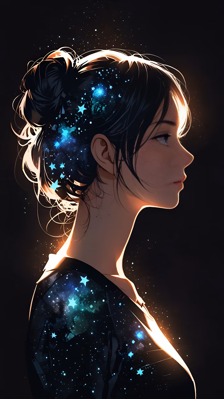 Download Woman in Profile with Galaxy and Stars in Her Hair Wallpaper in Mobile HD Woman in Profile with Galaxy and Stars in Her Hair - Free Mobile AMOLED Wallpaper Background