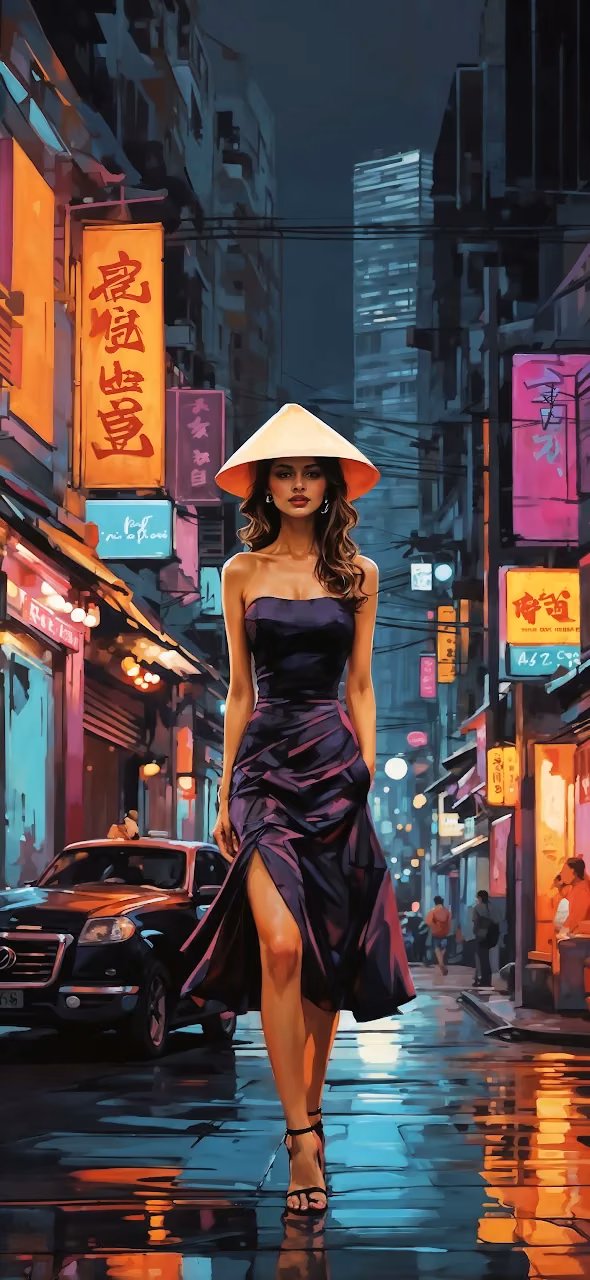 Woman in Purple Dress Walking Neon City Street - Free Mobile AMOLED Wallpaper Background