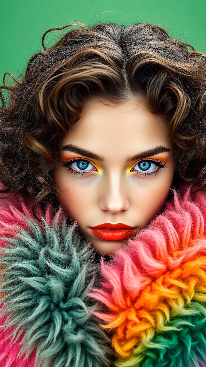 Woman with Rainbow Fur Collar and Bold Makeup - Free Mobile AMOLED Wallpaper Background