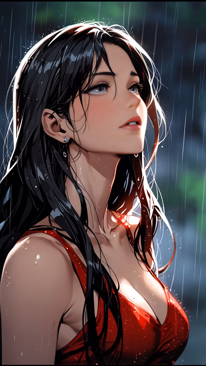 Woman in Red Dress Gazing Up in Rain with Wet Hair - Free Mobile AMOLED Wallpaper Background