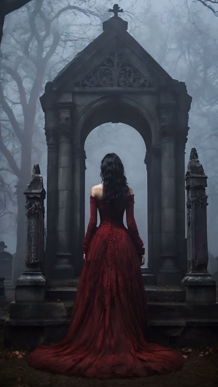 Download Woman in Red Gown Standing Before Gothic Arch in Misty Graveyard Wallpaper in Mobile HD Woman in Red Gown Standing Before Gothic Arch in Misty Graveyard - Free Mobile AMOLED Wallpaper Background