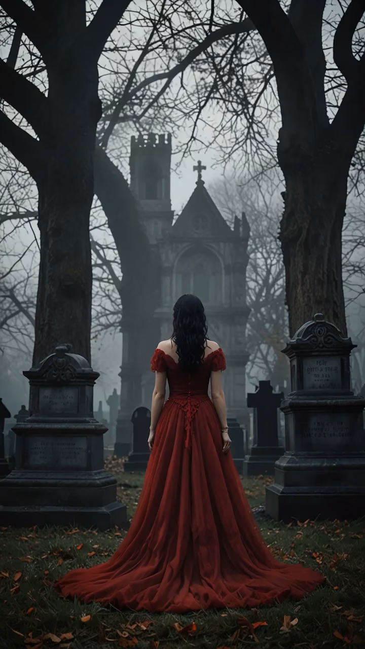 Download Woman in Red Gown Standing in Misty Graveyard at Dusk Wallpaper in Mobile HD Woman in Red Gown Standing in Misty Graveyard at Dusk - Free Mobile AMOLED Wallpaper Background