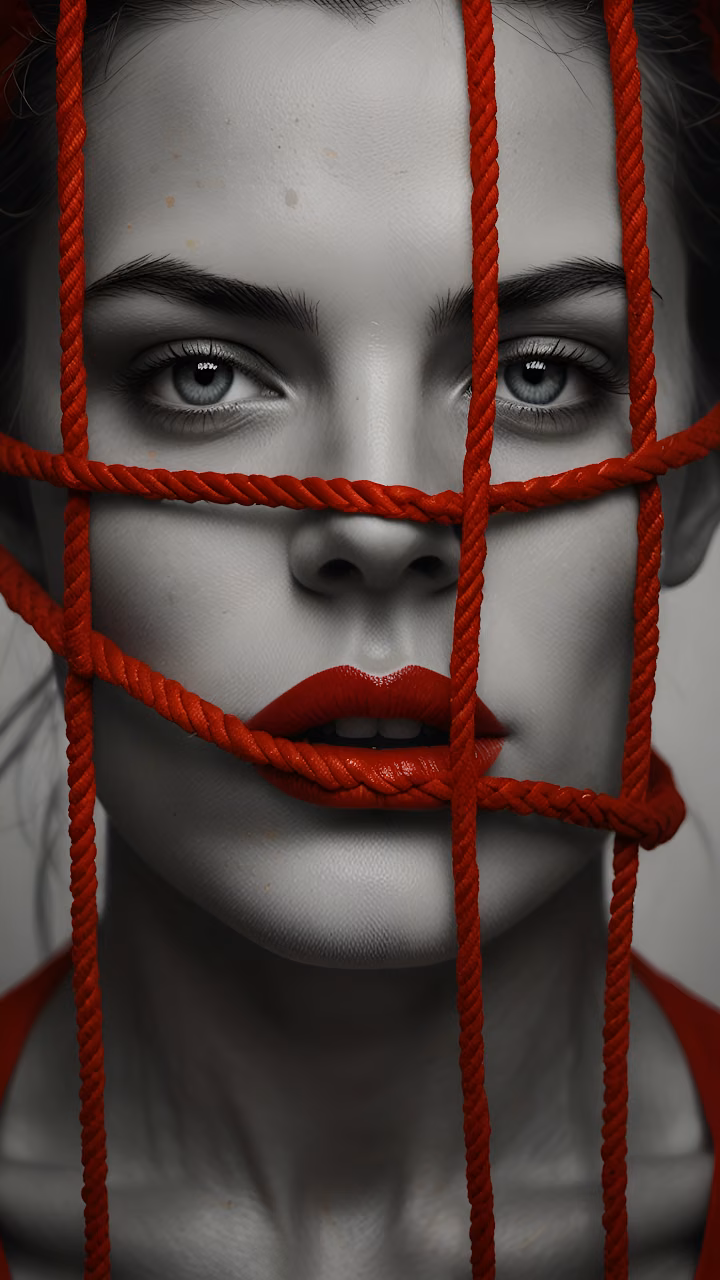 Download Woman with Red Rope Binding Face in Monochrome Wallpaper in Mobile HD Woman with Red Rope Binding Face in Monochrome - Free Mobile AMOLED Wallpaper Background
