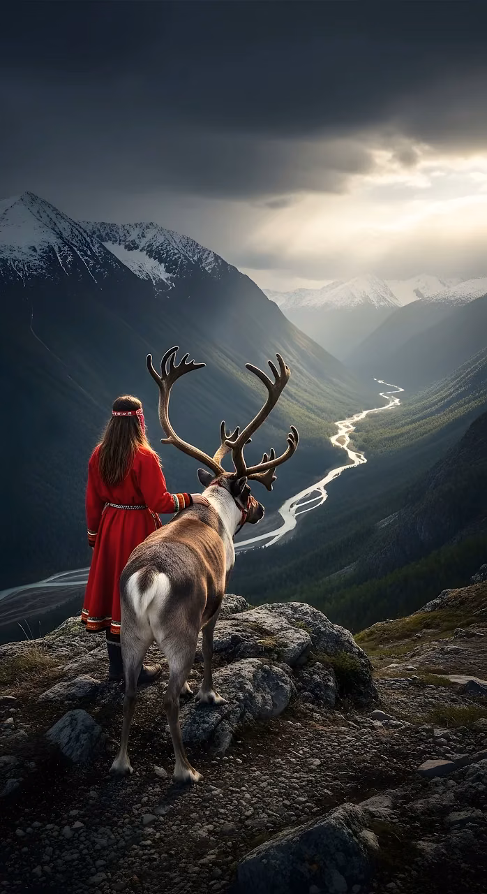 Download Woman and Reindeer Overlooking Vast Mountain Valley Wallpaper in Mobile HD Woman and Reindeer Overlooking Vast Mountain Valley - Free Mobile AMOLED Wallpaper Background