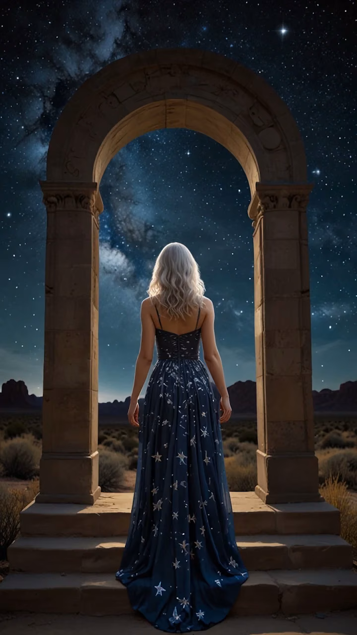 Woman in Star Dress Under Desert Archway at Night - Free Mobile AMOLED Wallpaper Background