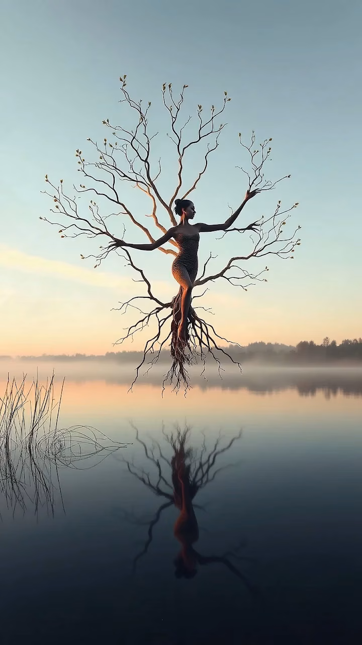 Woman as Tree Silhouette Over Misty Lake - Free Mobile AMOLED Wallpaper Background