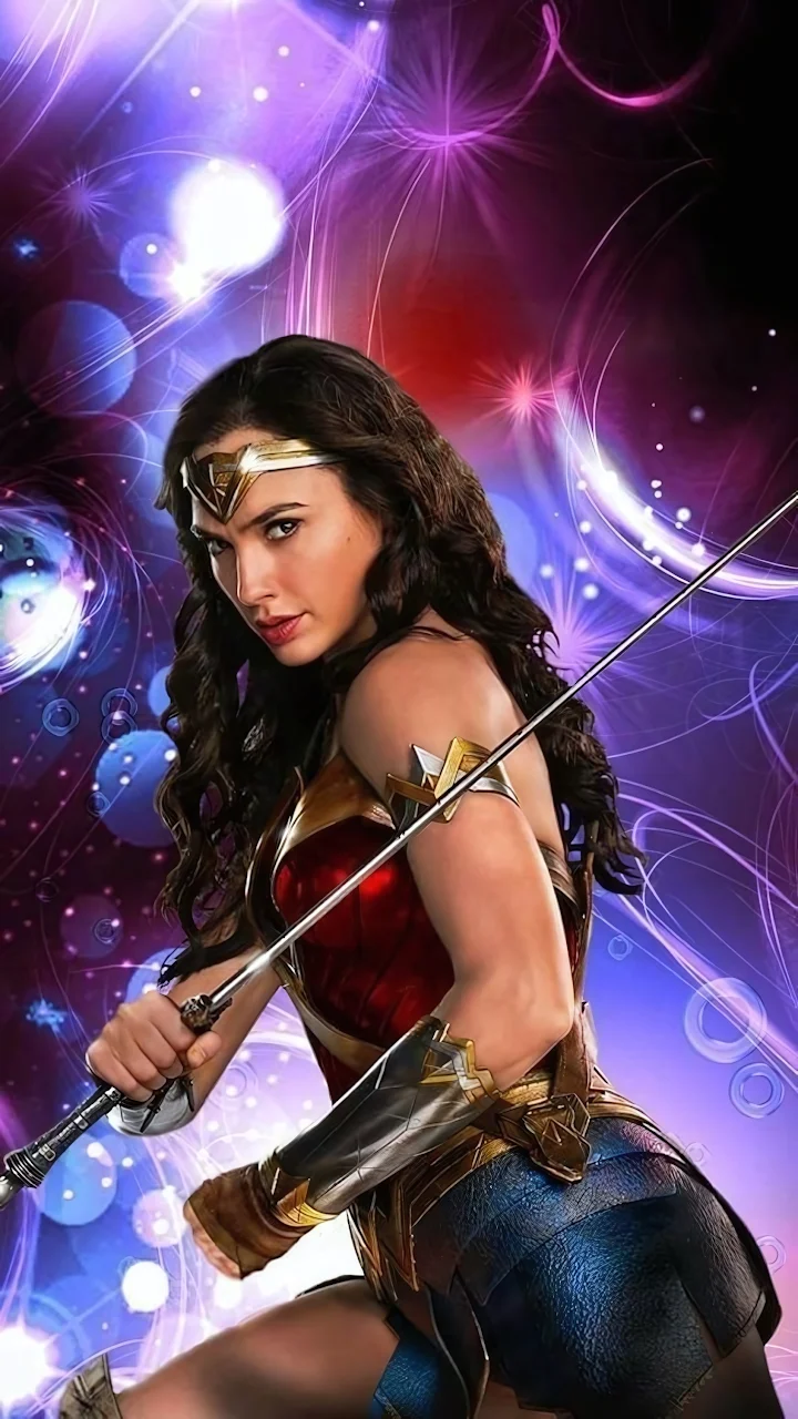 Wonder Woman holding a sword in armored costume against a backdrop of purple and magenta glowing lights.