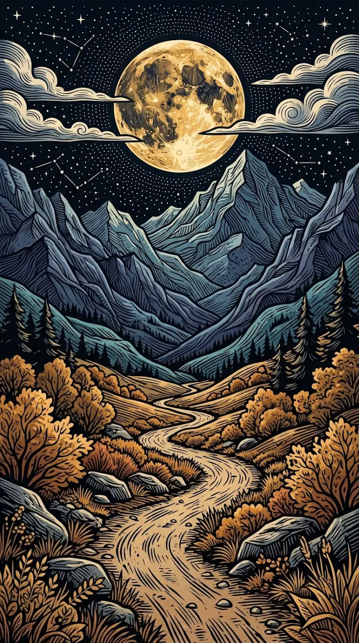Woodcut Style Mountain Path under Full Moon and Stars - Free Mobile AMOLED Wallpaper Background