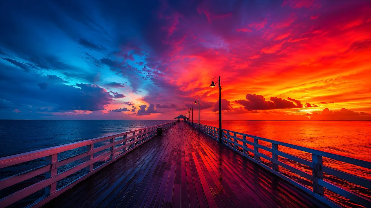 Wooden pier extending into the ocean under a vibrant sky split between orange sunset and blue dusk.