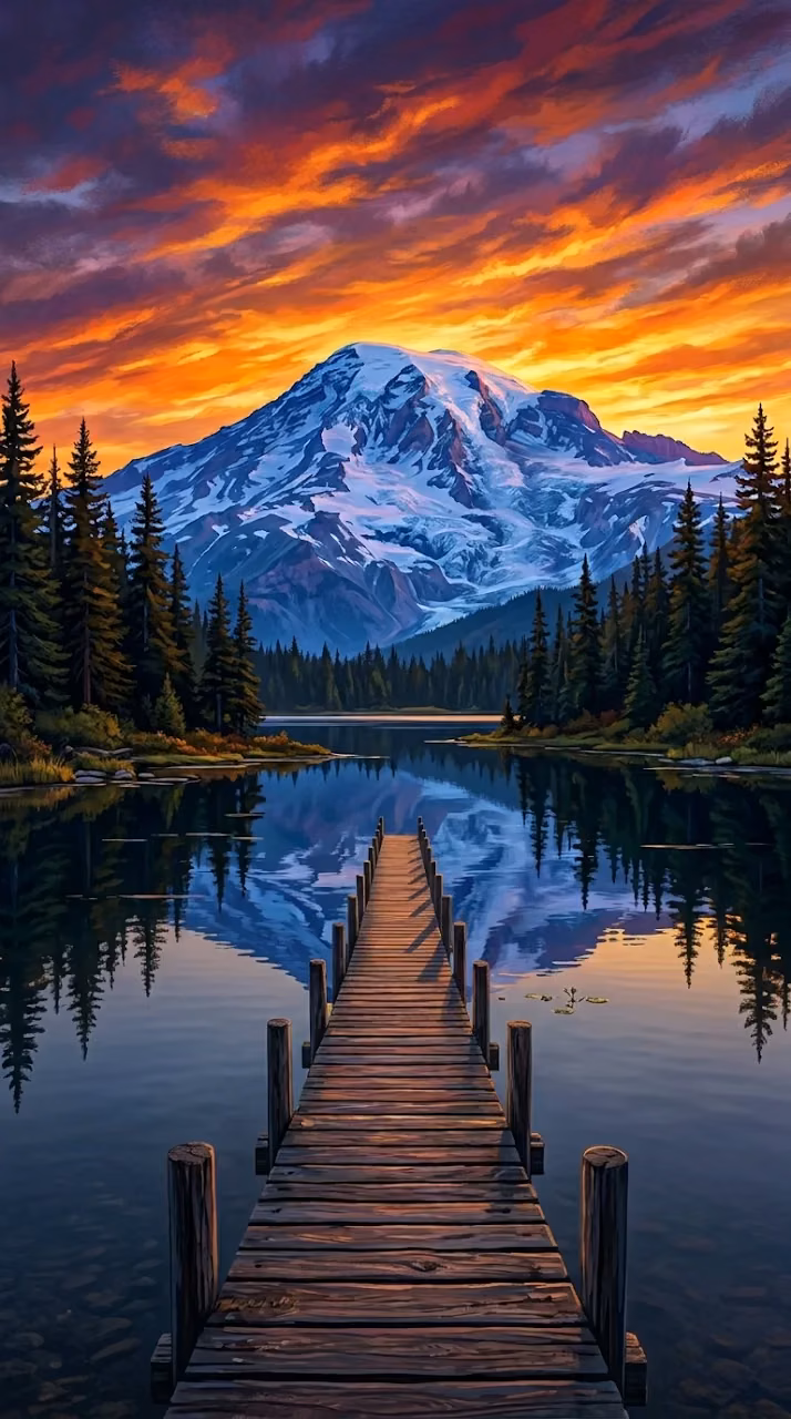 Wooden Pier on a Calm Lake with Snowy Mountain at Sunset - Free Mobile AMOLED Wallpaper Background