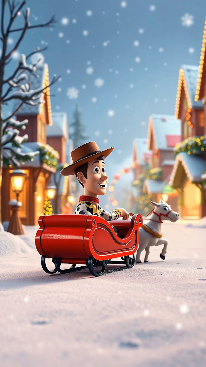 Download Woody in Sleigh on Snowy Christmas Street Wallpaper in Mobile HD Woody in Sleigh on Snowy Christmas Street - Free Mobile AMOLED Wallpaper Background