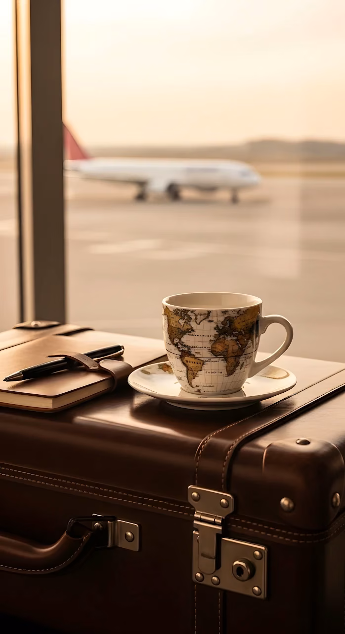 World Map Coffee Cup on Vintage Suitcase at Airport - Free Mobile AMOLED Wallpaper Background