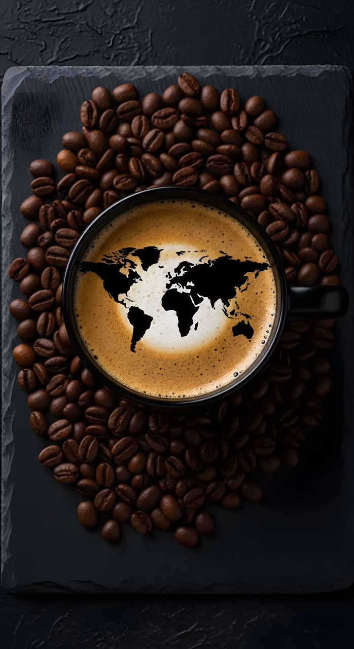 World Map Latte Art Coffee Beans Dark Slate Overhead - Free Mobile AMOLED Wallpaper Background