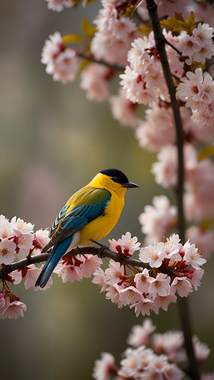 Download Yellow Black Capped Bird Perched Cherry Blossom Branch Wallpaper in Mobile HD Yellow Black Capped Bird Perched Cherry Blossom Branch - Free Mobile AMOLED Wallpaper Background