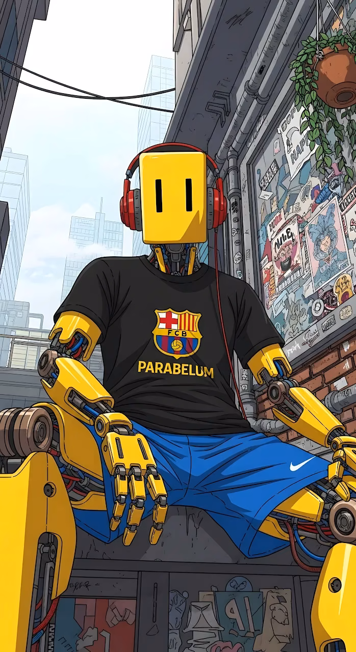 Yellow Blockhead Cyborg in Urban Alley Wearing Football Shirt - Free Mobile AMOLED Wallpaper Background