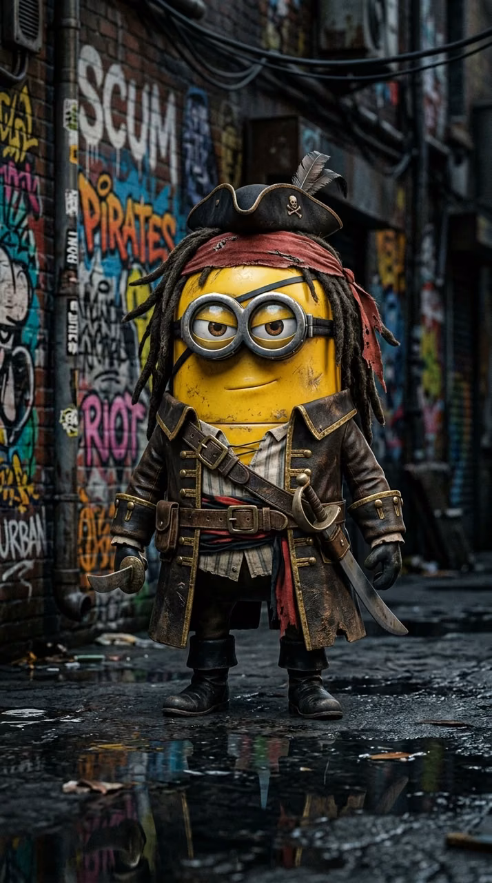 Download Yellow Capsule Character Dressed as a Pirate Captain in a Gritty Alley Wallpaper in Mobile HD Yellow Capsule Character Dressed as a Pirate Captain in a Gritty Alley - Free Mobile AMOLED Wallpaper Background