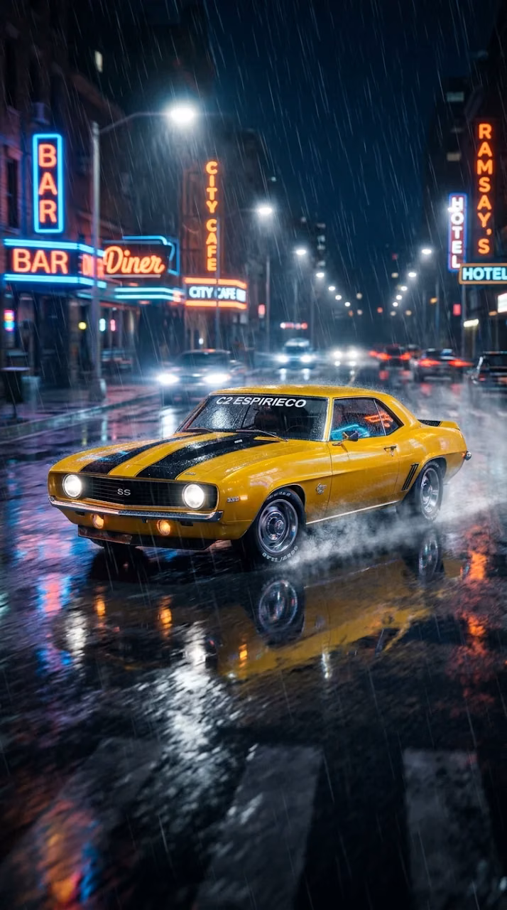 Yellow Classic Muscle Car Driving in Rain 3D Render - Free Mobile AMOLED Wallpaper Background