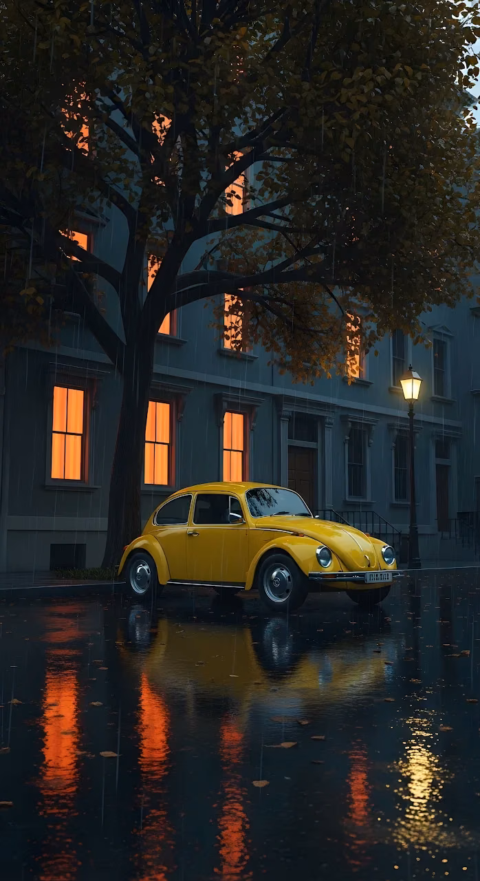 Yellow Classic VW Beetle on Rainy City Street at Night - Free Mobile AMOLED Wallpaper Background