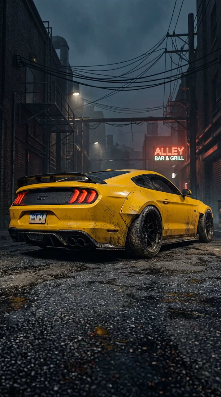 Download Yellow Custom Widebody Mustang GT in a Gritty Industrial Alley Wallpaper in Mobile HD Yellow Custom Widebody Mustang GT in a Gritty Industrial Alley - Free Mobile AMOLED Wallpaper Background