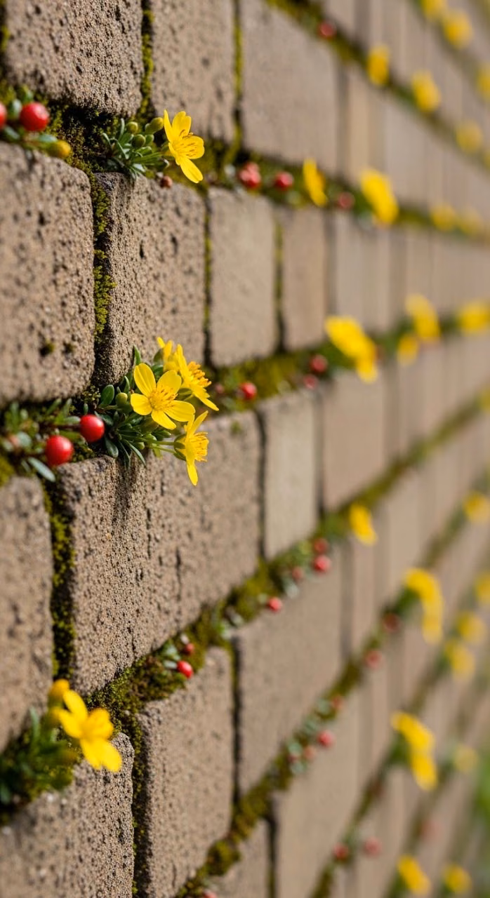 Yellow Flowers and Red Berries on an Old Brick Wall - Free Mobile AMOLED Wallpaper Background