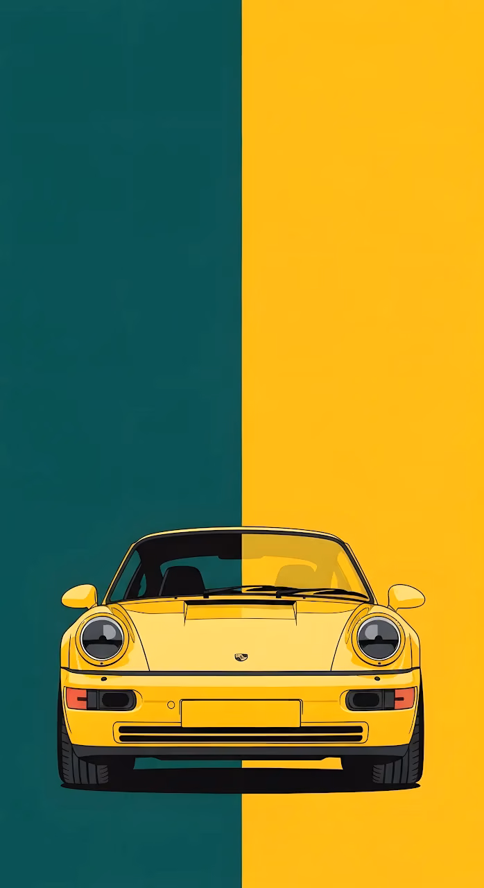 Yellow Porsche 911 Illustration Teal Gold Split Background Minimalist - Free Mobile AMOLED Wallpaper Background