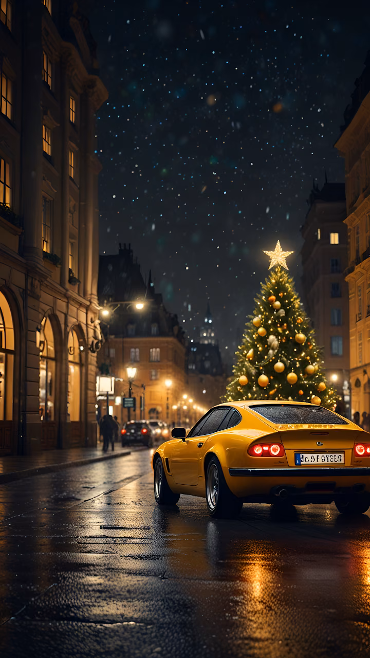 Download Yellow Sports Car Parked Near Christmas Tree on Snowy Night Wallpaper in Mobile HD Yellow Sports Car Parked Near Christmas Tree on Snowy Night - Free Mobile AMOLED Wallpaper Background