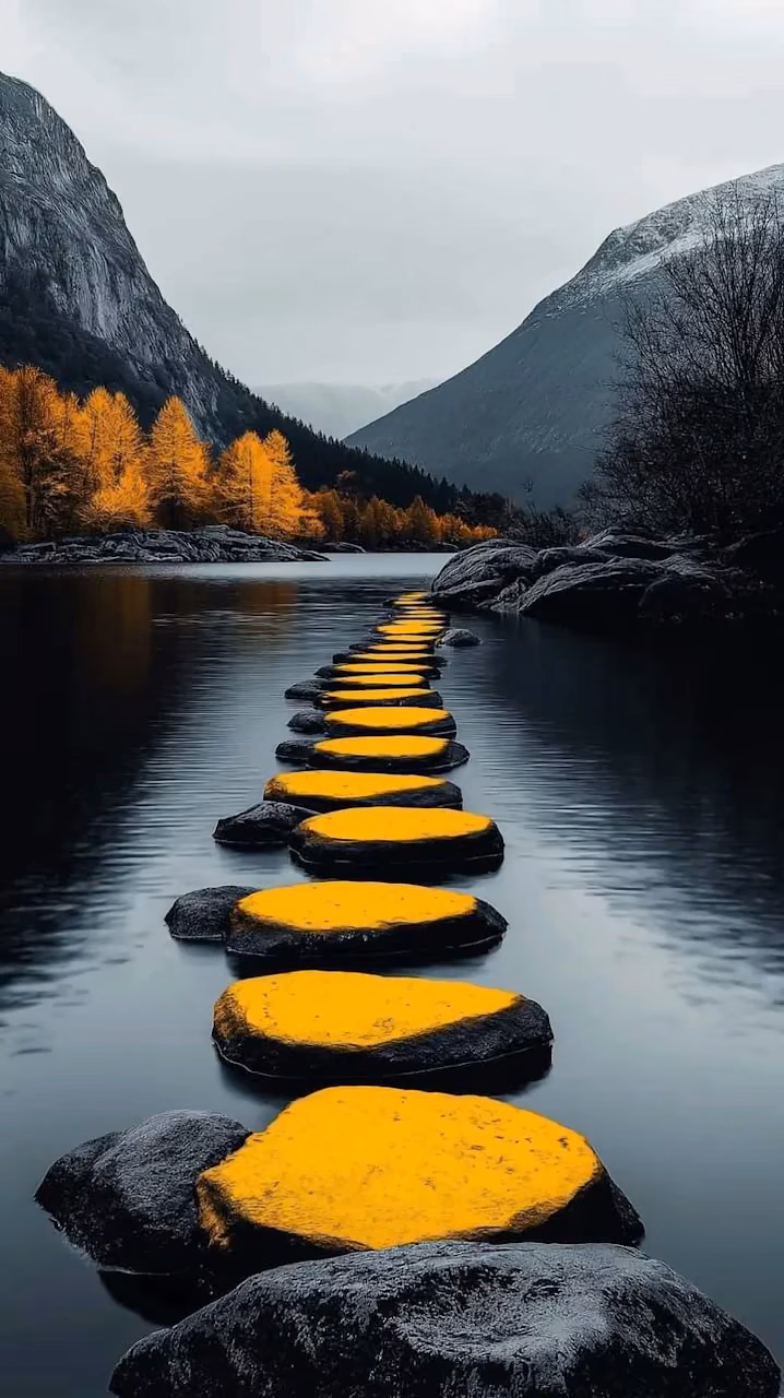 Yellow Stepping Stones Path Moody Mountain Landscape - Free Mobile AMOLED Wallpaper Background