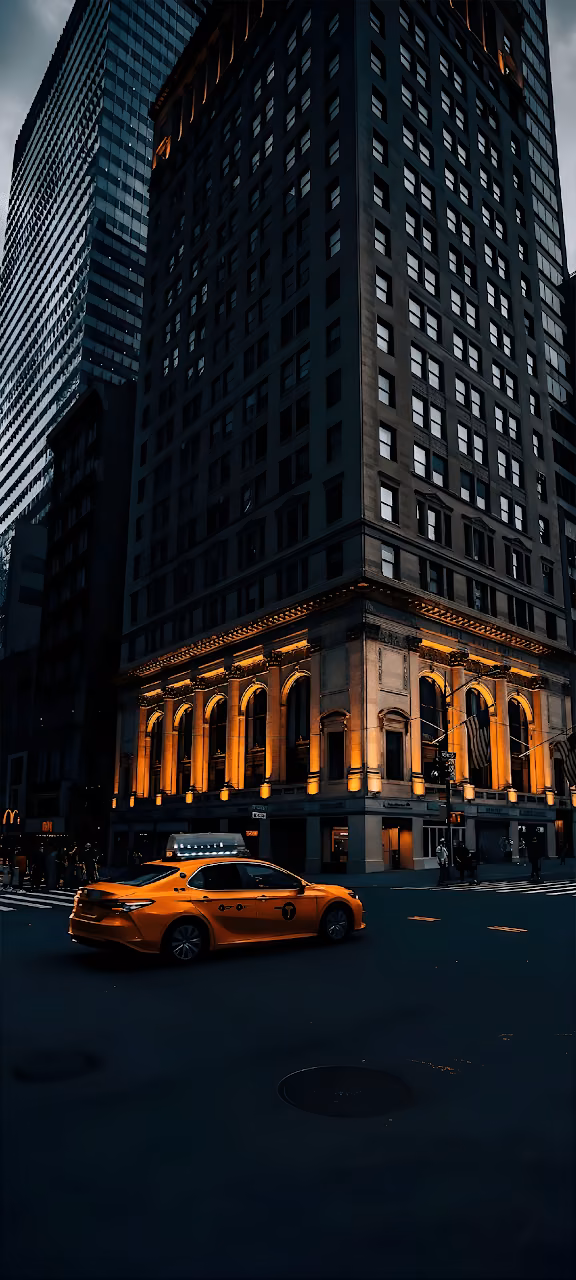 Download Yellow Taxi Passing Historic Building at Twilight Wallpaper in Mobile HD Yellow Taxi Passing Historic Building at Twilight - Free Mobile AMOLED Wallpaper Background