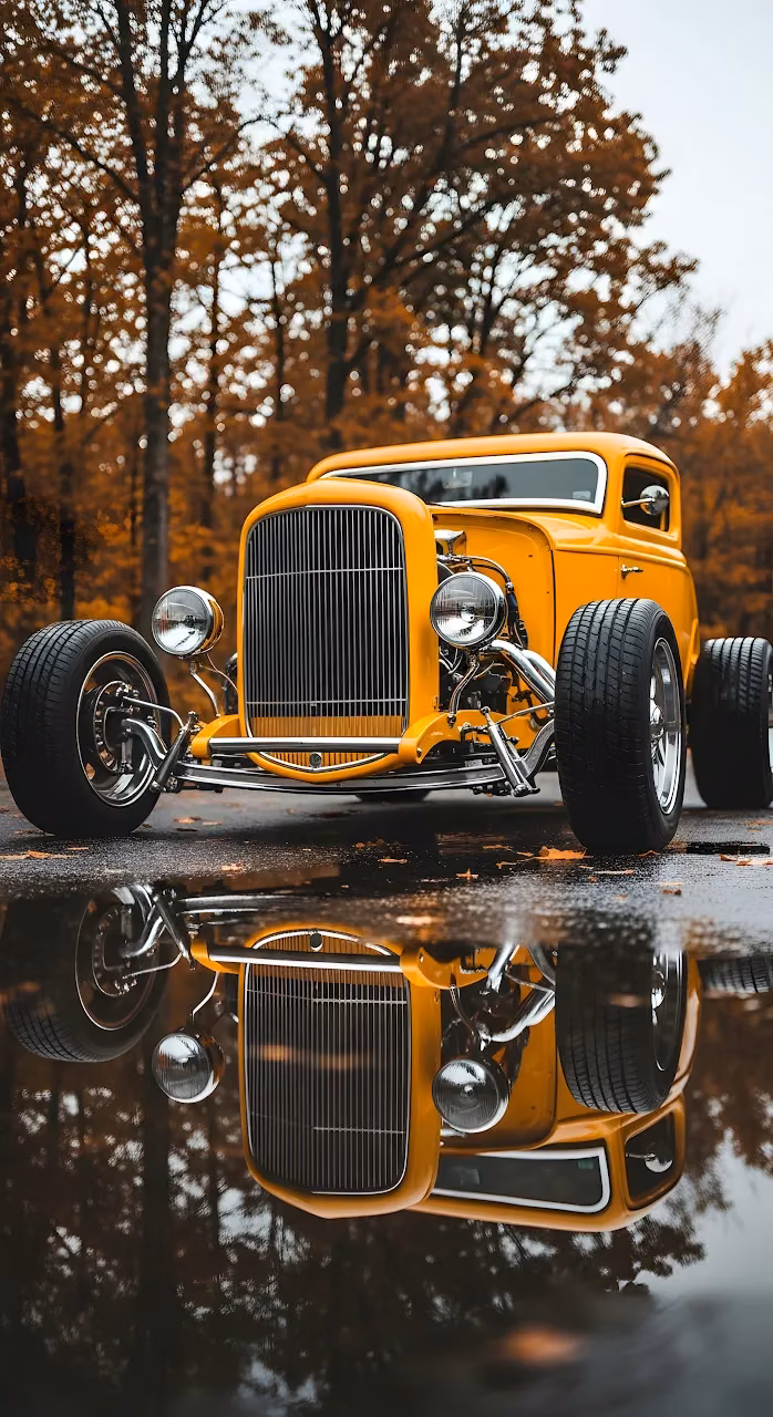 Download Yellow Vintage Hot Rod Reflected in Autumn Puddle Wallpaper in Mobile HD Yellow Vintage Hot Rod Reflected in Autumn Puddle - Free Mobile AMOLED Wallpaper Background