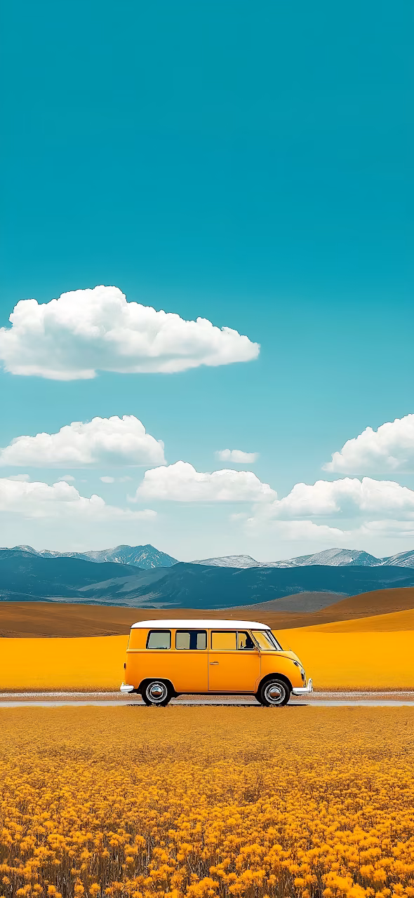 Download Yellow VW Bus Driving Through Wildflower Field Landscape Wallpaper in Mobile HD Yellow VW Bus Driving Through Wildflower Field Landscape - Free Mobile AMOLED Wallpaper Background