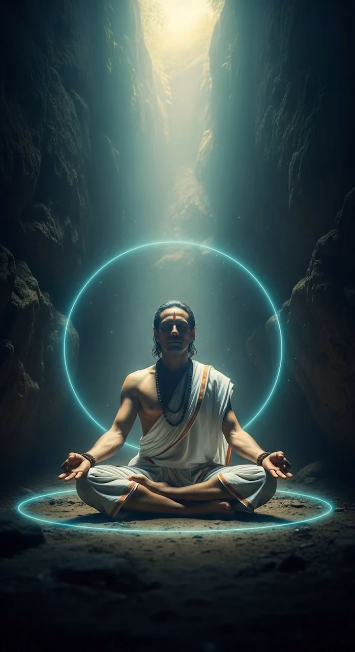 Yogi Meditating with Neon Aura in a Dark Rocky Canyon - Free Mobile AMOLED Wallpaper Background