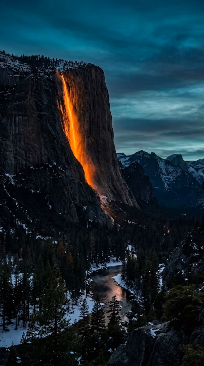 Download Yosemite Horsetail Fall Firefall Phenomenon at Sunset Wallpaper in Mobile HD Yosemite Horsetail Fall Firefall Phenomenon at Sunset - Free Mobile AMOLED Wallpaper Background
