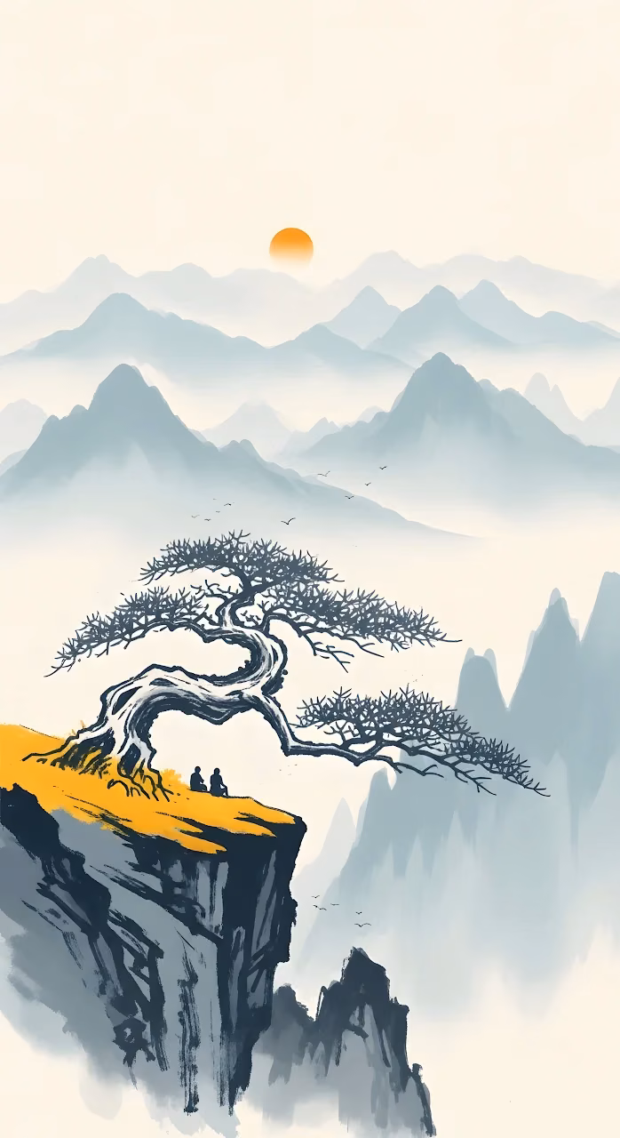 Zen Ink Wash Landscape with Gnarled Tree on Cliff - Free Mobile AMOLED Wallpaper Background