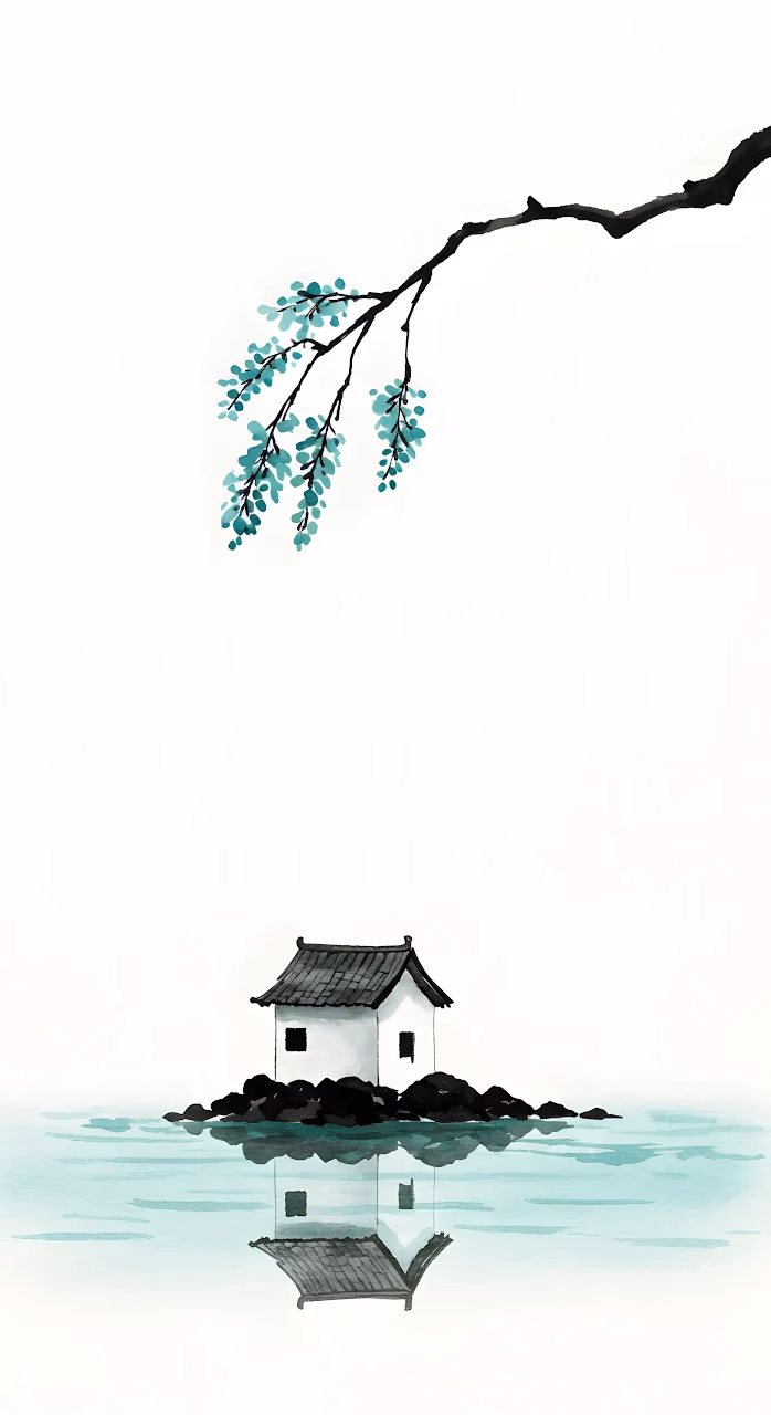 Zen Sumi-e Ink Wash Painting of House on Water - Free Mobile AMOLED Wallpaper Background