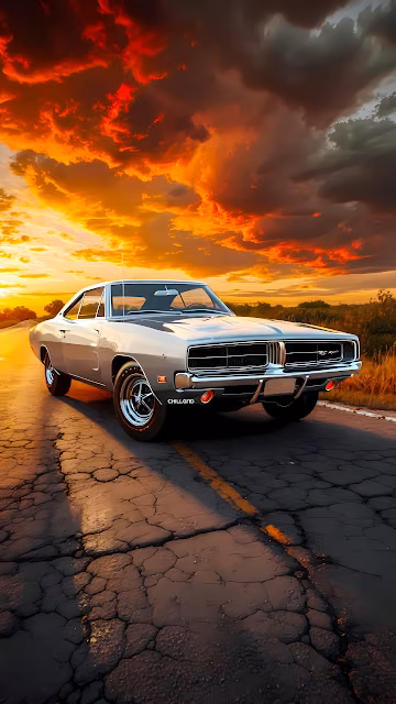 1969 Dodge Charger Muscle Car Sunset Road Trip Aesthetic - Free 4K & 8K Mobile Wallpaper