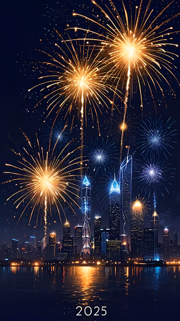 2025 New Year Fireworks Over Futuristic City Skyline - Free 4K & 8K Mobile Wallpaper