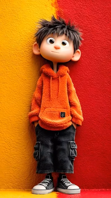3D Cartoon Boy in Fuzzy Orange Hoodie Portrait - Free 4K & 8K Mobile Wallpaper
