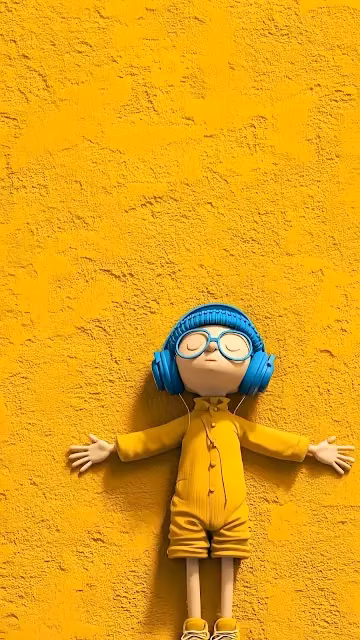 3D Character Relaxing on Vibrant Yellow Wall - Free 4K & 8K Mobile Wallpaper